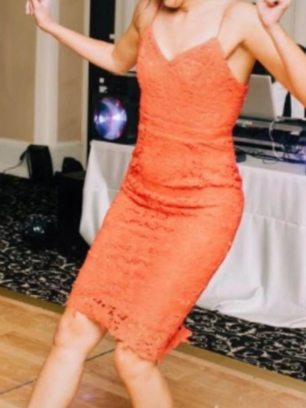 Orange/Red lace cocktail/wedding guest dress | Size Medium | Midi